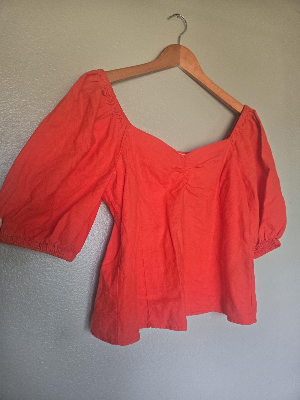 H&M Coral Red Puff Sleeve Top, Linen, Cottage Core, Euro Summer, Classic, Retro
